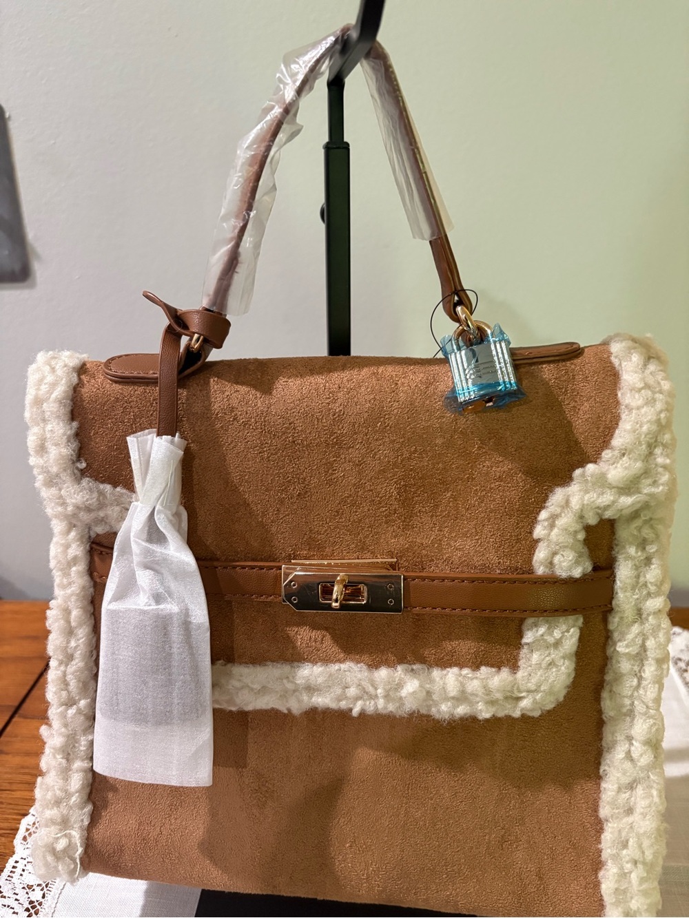 Badgley Mischka Shearling-Trim Suede Top-Handle Bag in Camel